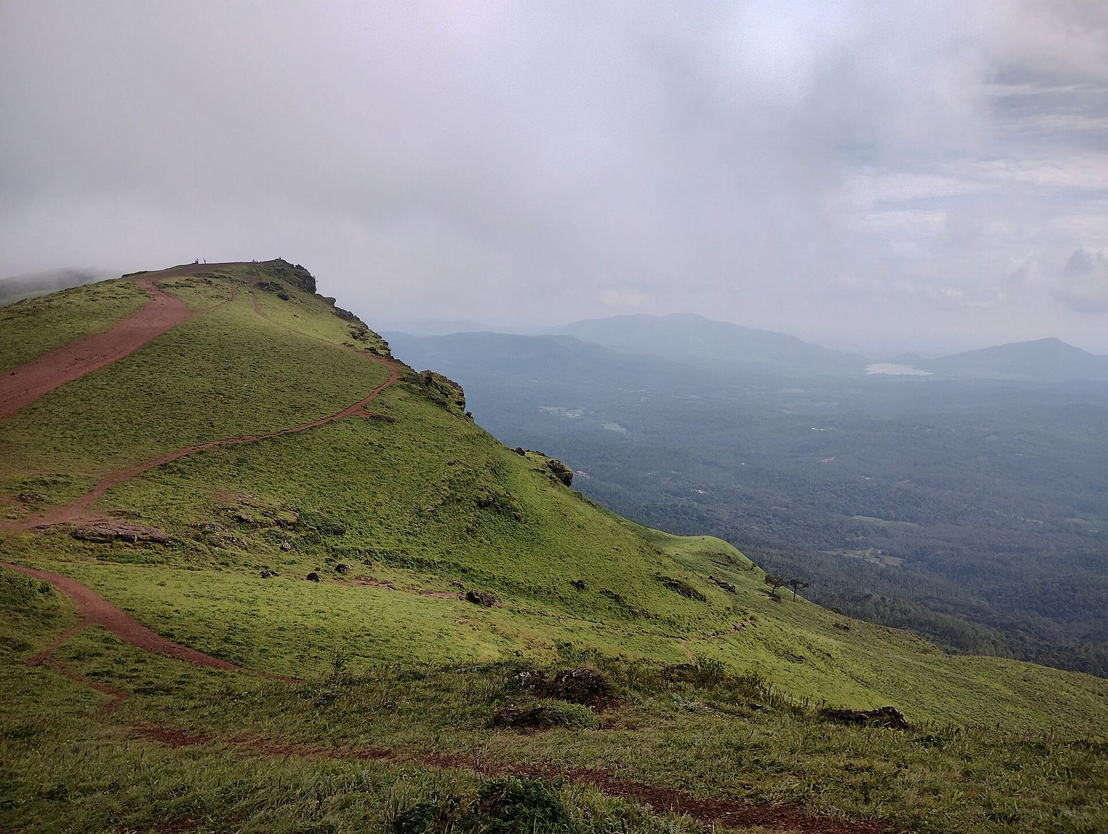 A green ridge on Baba Budangiri falling away to misty valleys